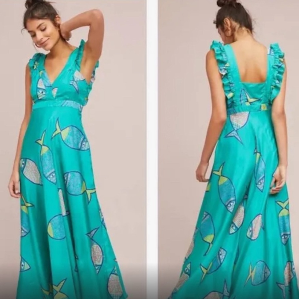 Green Silk Dress with Fish from Anthropologie